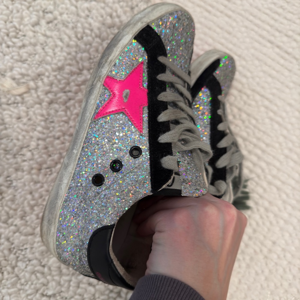 Golden Goose Silver Glitter Sneakers with Pink Star